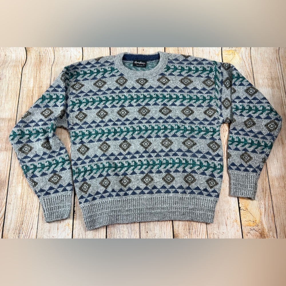 Vintage Reed St James Aztec Print Pullover Knit Sweater Size L Made in USA